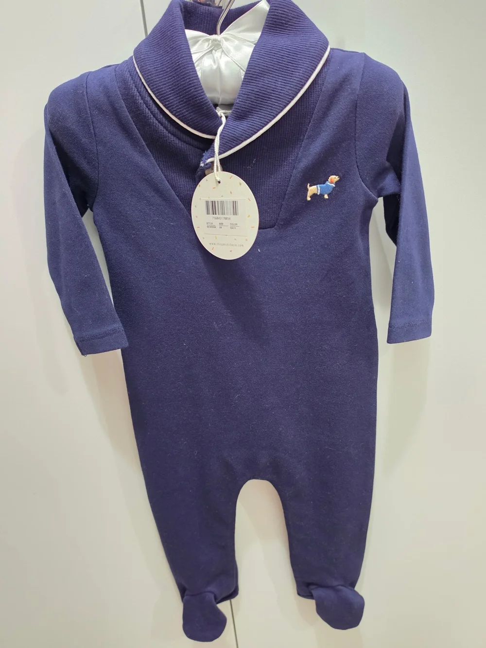 Navy Footed Baby Romper with Dog Embroidery